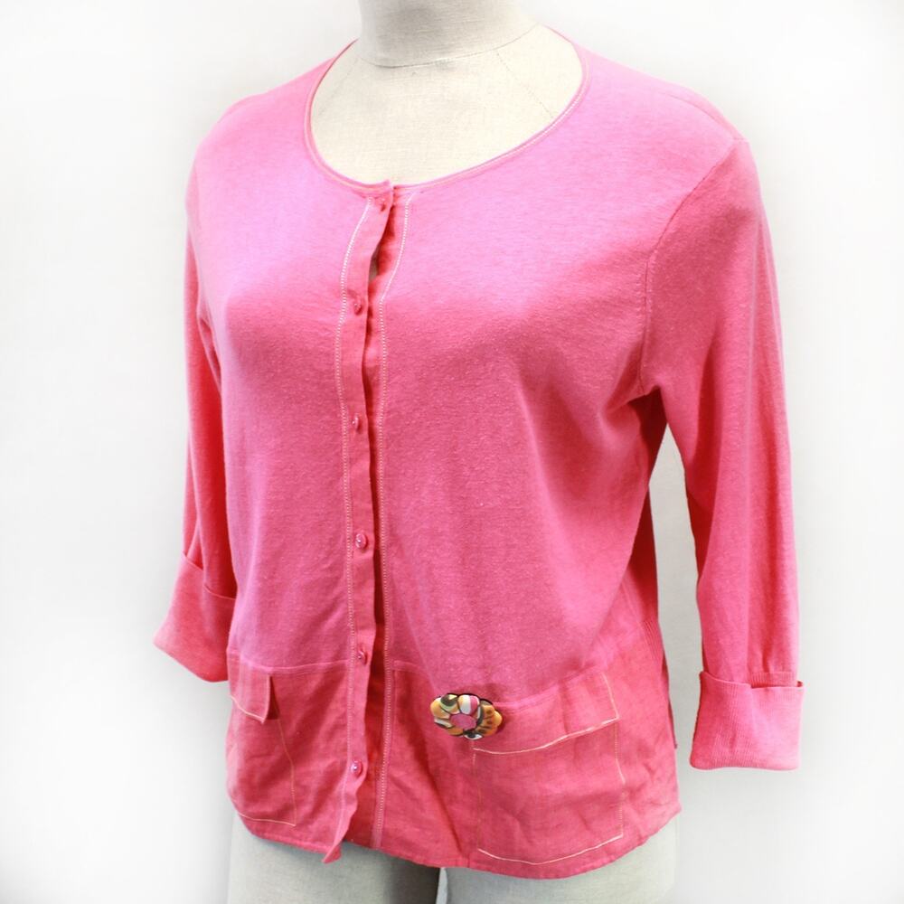 Sigrid Olsen Plus linen blend buttoned cardigan blouse top decorative broach 1X